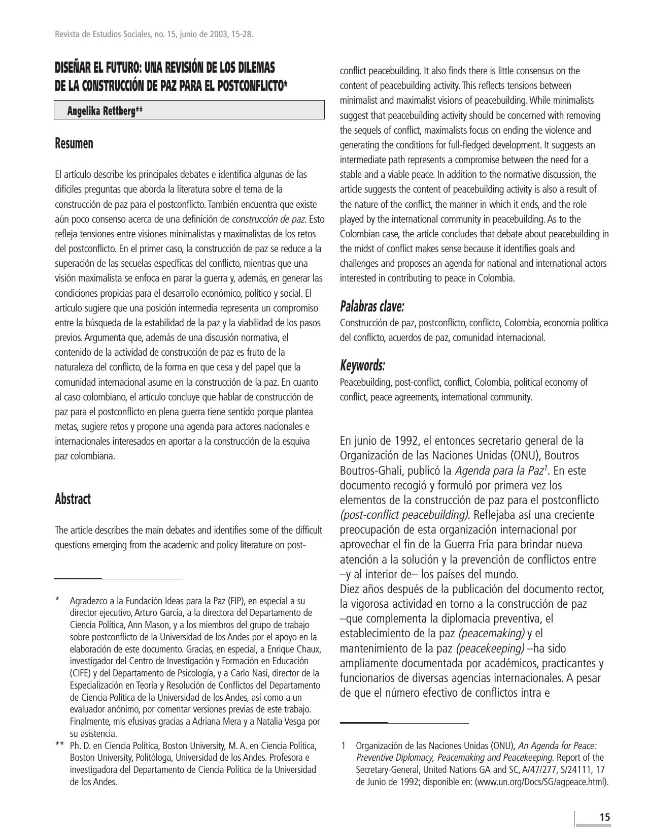 Diseñar el futuro: una revision de los dilemas de a construccion de paz para el postconflicto